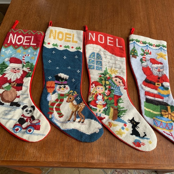 Four Vintage Needlepoint Christmas Stockings - Picture 1 of 7